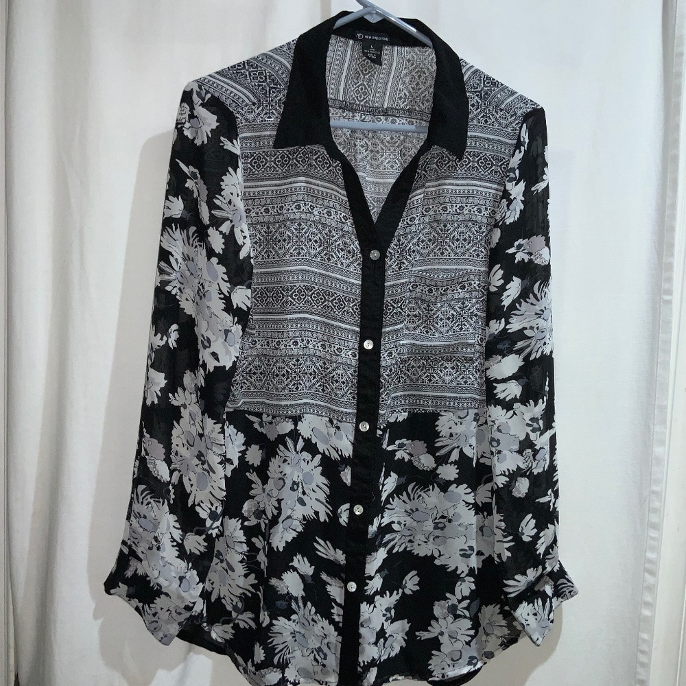 Boho Floral, Semi Sheer, Long Button Down Blouse, with an Opening in back